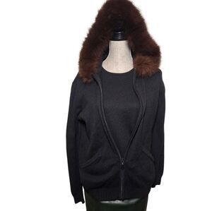 Vintage Y2K Black Fur Trim Zip-up Sweater Set in Cashmere / Silk - Womens Size S